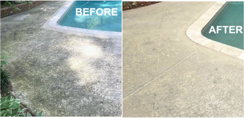 Before and after waterblasting of a stained concrete pool surround restored to clean concrete