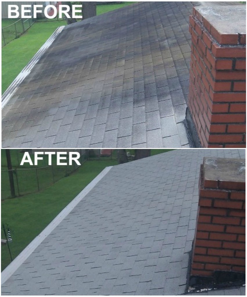 Before and after roof clean showing moss-stained shingles restored to clean grey